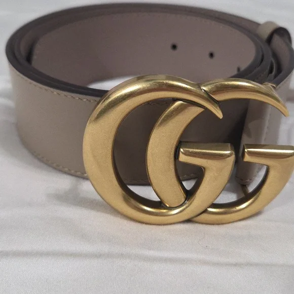 Gucci Taupe Pink Leather Belt with Gold Double G Buckle - Picture 11 of 16